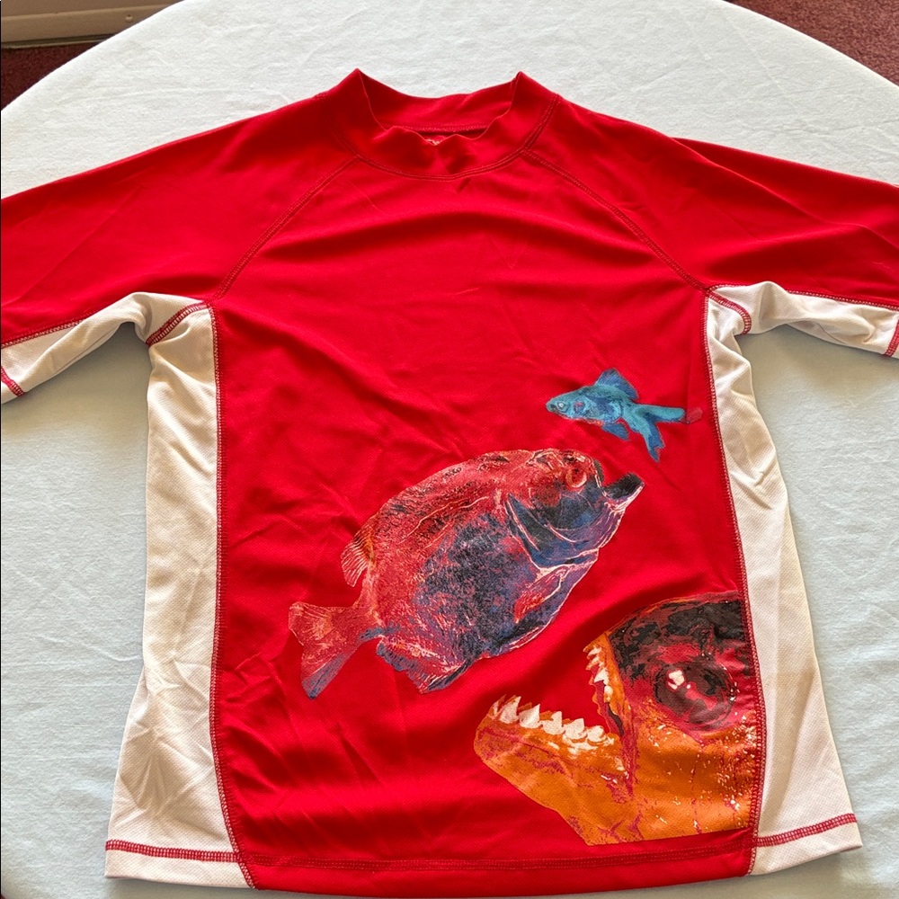 OP Kids Red and White Swim Rashguard with Fish Graphics